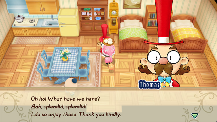The farmer gives Mayor Thomas Mochi. / Story of Seasons: Friends of Mineral Town