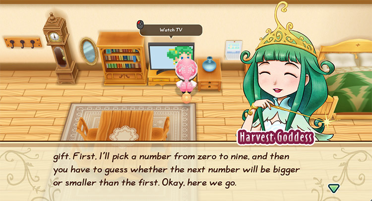 The Harvest Goddess appears on the TV for the New Year’s Game Show. / Story of Seasons: Friends of Mineral Town