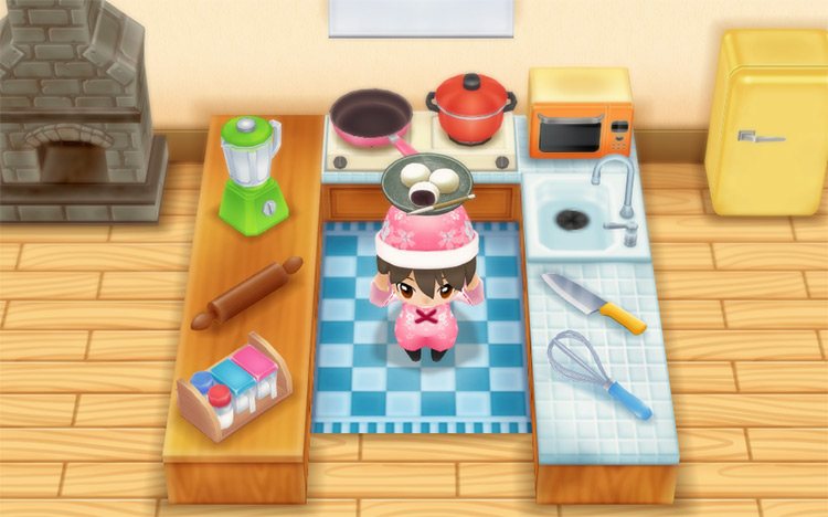 The farmer cooks Daifuku in the kitchen. / Story of Seasons: Friends of Mineral Town