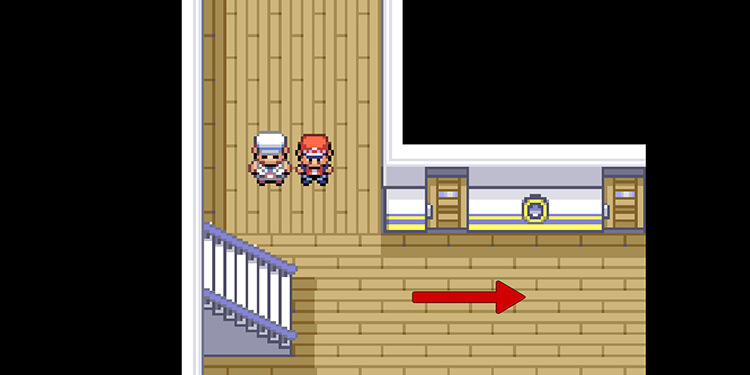 Follow the corridor on the 2nd floor (so walk south, then walk east. DO NOT take the stairs in this image)  / Pokemon FRLG