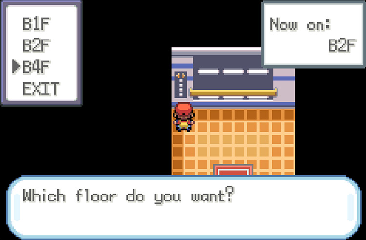 Press A on the elevator buttons and select B4F from the list / Pokemon FRLG