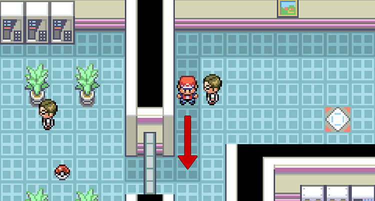Proceed down the hallway south of the scientist (hug the right wall if you want to avoid a battle) / Pokemon FRLG