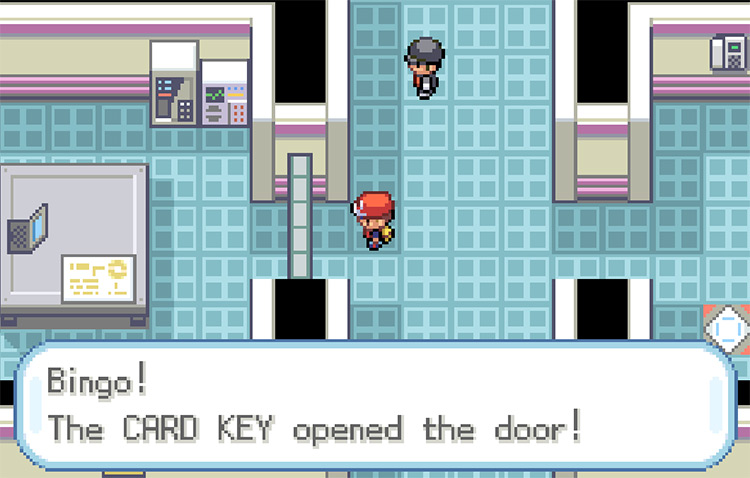 Open the gate on the west side of the hallway with the Card Key / Pokemon FRLG