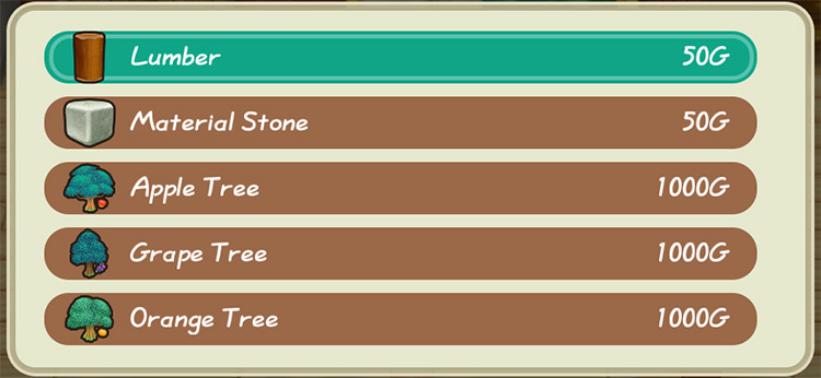 Interface of Gotts’ shop showing the price of Lumber and Material Stone. / Story of Seasons: Friends of Mineral Town
