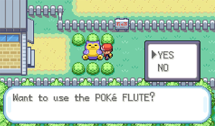 Using the Poké Flute to wake up the Snorlax on Route 16 / Pokemon FRLG