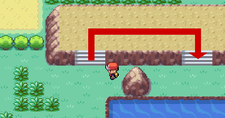 Walk around this hill just like before, then walk around it so you’re on its north side / Pokemon FRLG