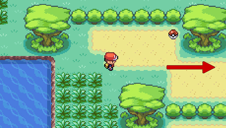 Walk right so that we can make our way around the bush line, to the north side of it / Pokemon FRLG