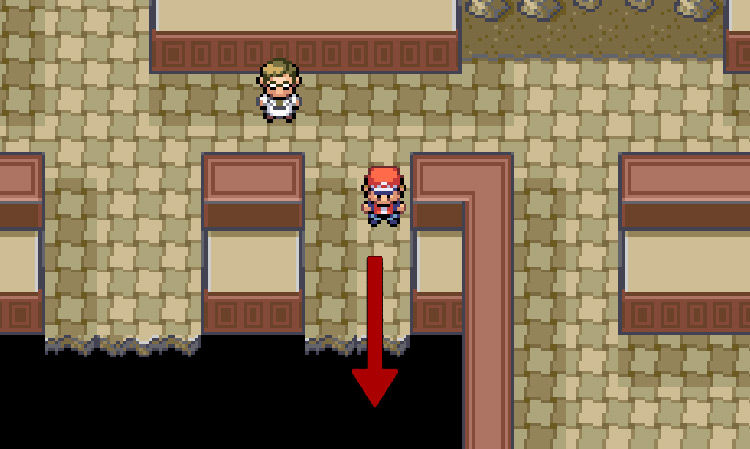 Jump off of the east side of the balcony to land on the second floor / Pokemon FRLG