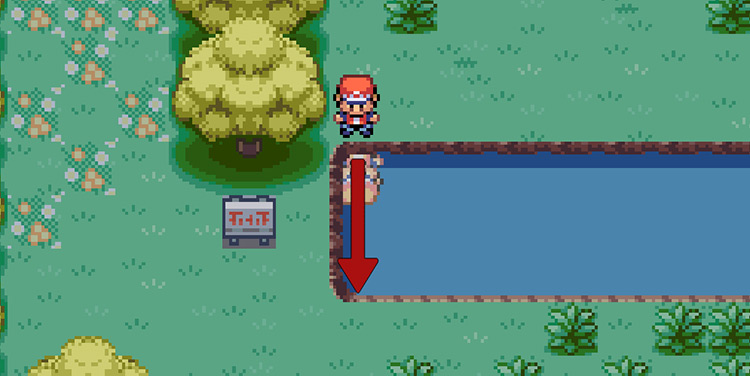 Use Surf to cross the pond or go around the east side of the pond. Head to the south-west corner / Pokemon FRLG