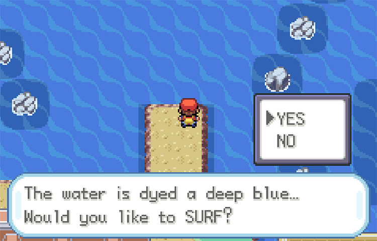 Surf north from this spot on Cinnabar Island to reach Pallet Town / Pokemon FRLG