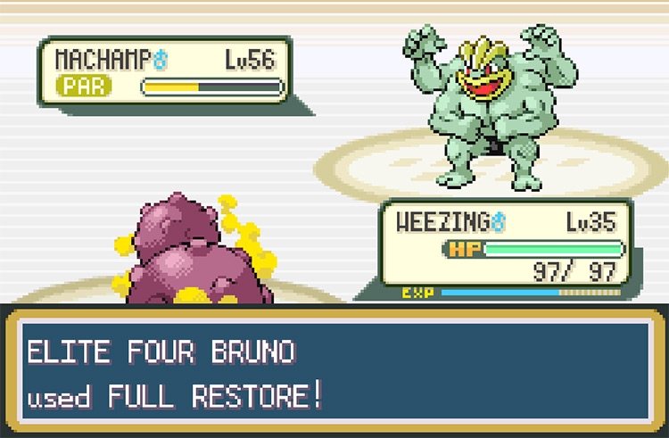 Bruno using a Full Restore to completely heal his Machamp / Pokemon FRLG