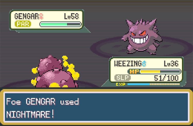 Agatha’s Gengar using Nightmare on a sleeping Wheezing after putting it to sleep with Hypnosis / Pokemon FRLG