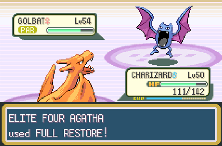 Agatha using a Full Restore on her Golbat, fully restoring its HP and curing its paralysis / Pokemon FRLG