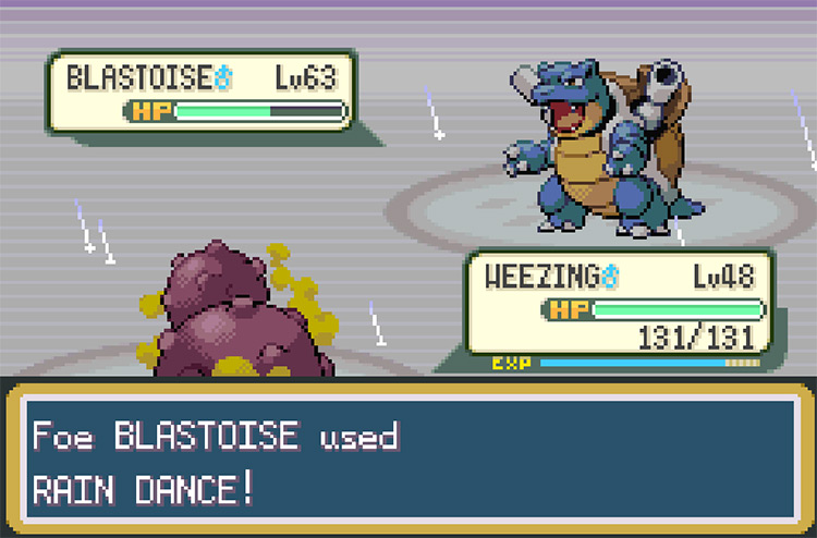 My Rival’s Blastoise using Rain Dance, which will boost its Water type moves (Hydro Pump) / Pokemon FRLG