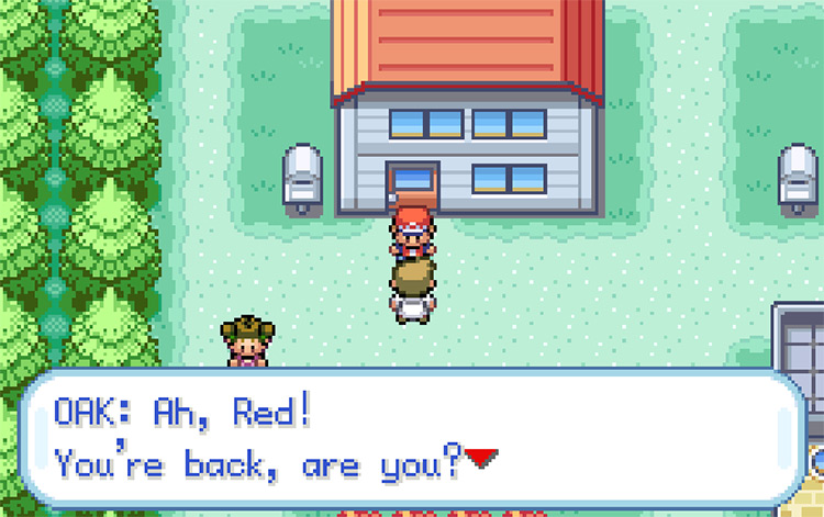 Oak greeting us in Pallet Town and asking us to complete another quest after beating the game / Pokemon FRLG