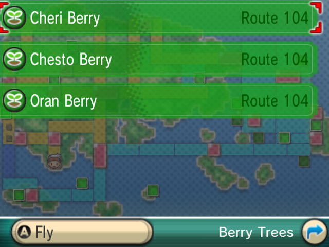Bottom screen showing the Berry trees and their location / Pokémon ORAS