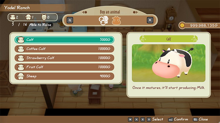 The shop menu at Yodel Ranch with the regular calf selected. / Story of Seasons: Friends of Mineral Town