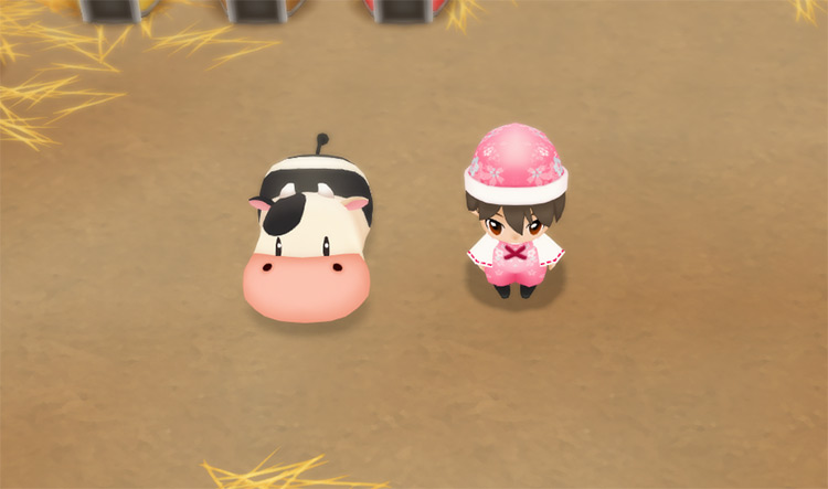 The farmer stands beside a calf in the barn. / Story of Seasons: Friends of Mineral Town