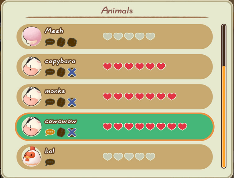 Interface of the Animals relationship tab. / Story of Seasons: Friends of Mineral Town