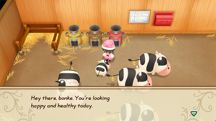 The farmer talks to the calf. / Story of Seasons: Friends of Mineral Town