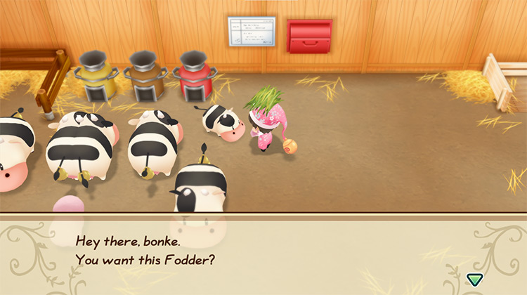 The farmer hand feeds a calf with Fodder. / Story of Seasons: Friends of Mineral Town