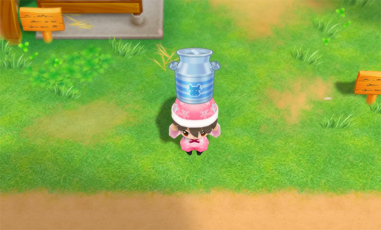 The farmer holds a jug of X Milk. / Story of Seasons: Friends of Mineral Town