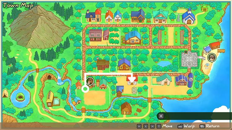 Map of Mineral Town with directions to PoPoultry. / Story of Seasons: Friends of Mineral Town