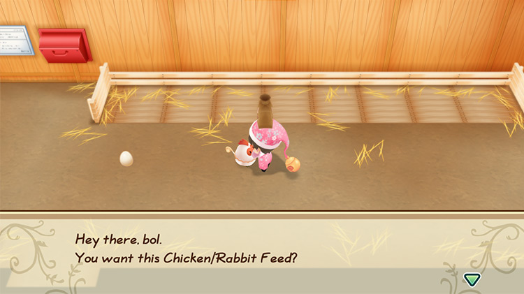 The farmer hand feeds a chicken. / Story of Seasons: Friends of Mineral Town