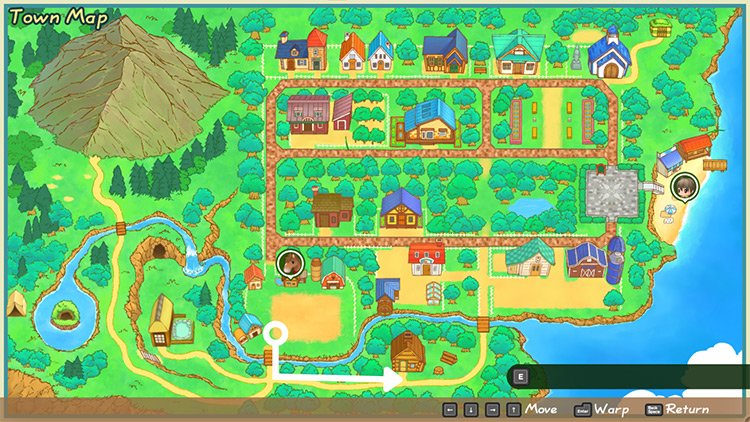 Map of Mineral Town with directions to Gotts’ Workshop. / Story of Seasons: Friends of Mineral Town