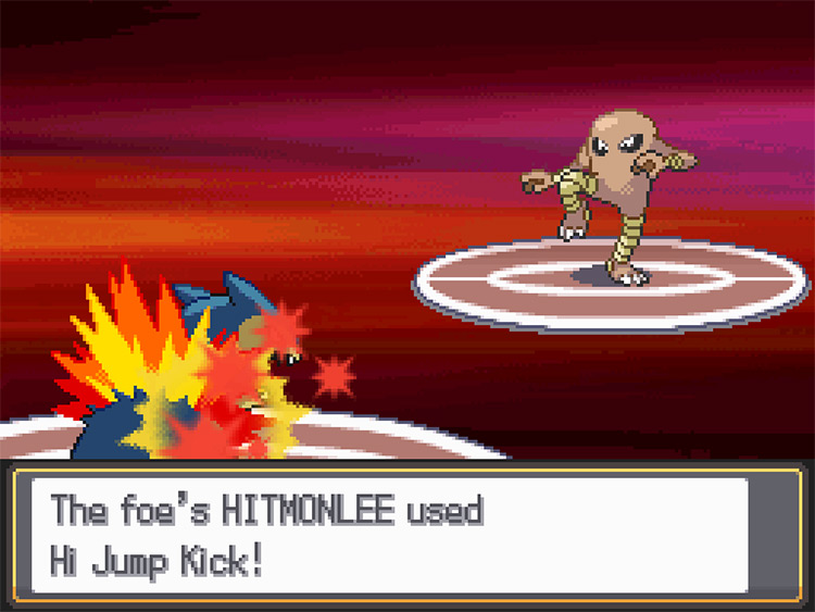 Hitmonlee using Hi Jump Kick against Typhlosion / Pokémon HeartGold