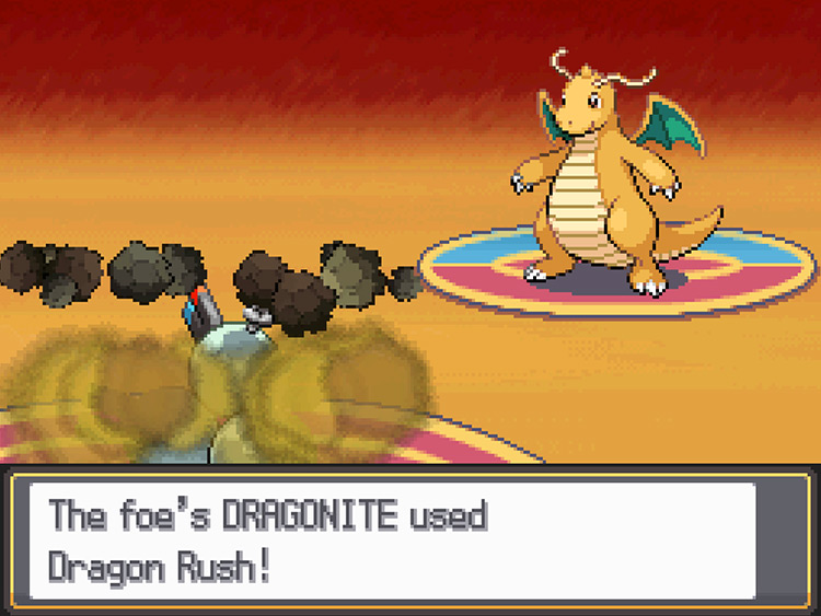 Dragonite using Dragon Rush, which has a 20% chance to flinch / Pokémon HG/SS
