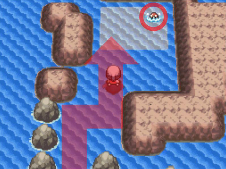 Slipping behind the rocks to find TM18 in the shallow water. / Pokémon Platinum