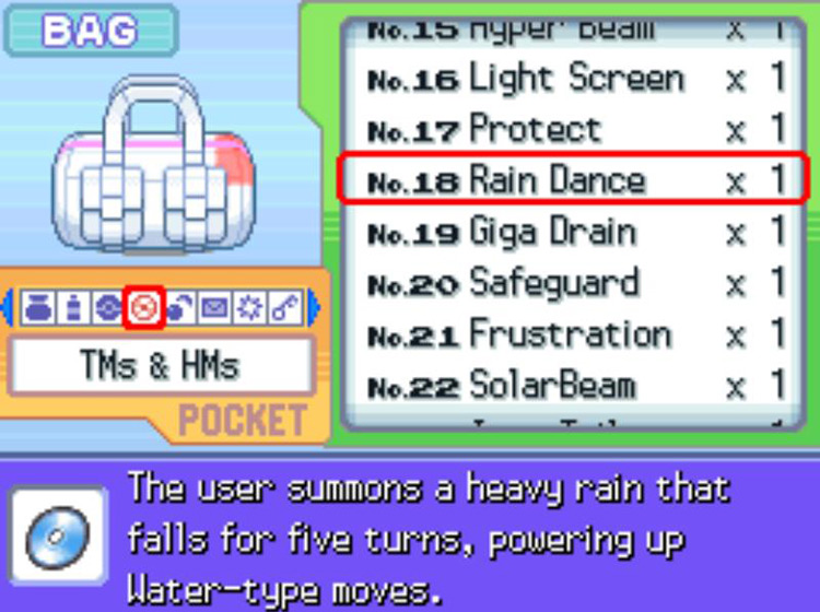 In-game description of TM18 Rain Dance. / Pokémon Platinum