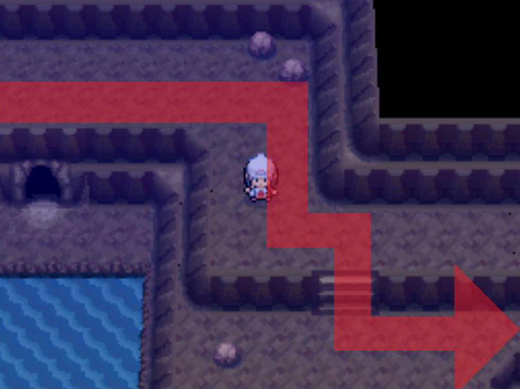 Descending the stairs and resuming the journey eastward. / Pokémon Platinum