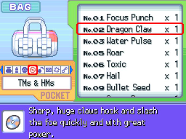 In-game description of TM02 Dragon Claw. / Pokémon Platinum