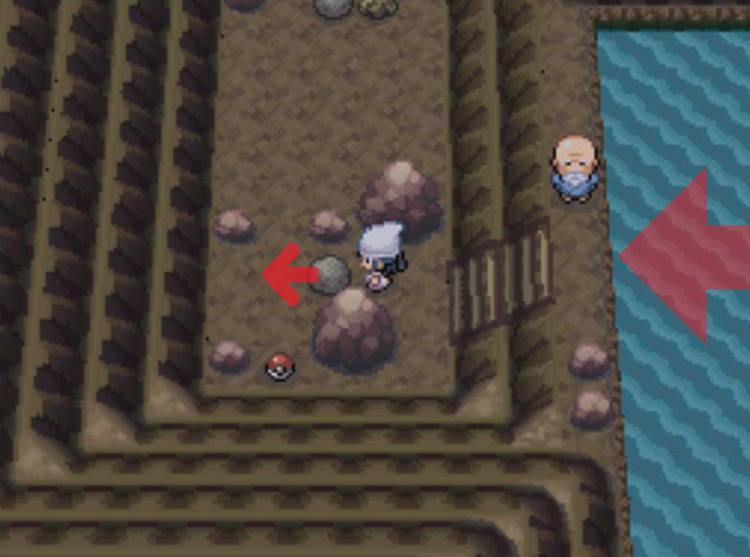 Using Strength to shove the boulder to the side. / Pokémon Platinum