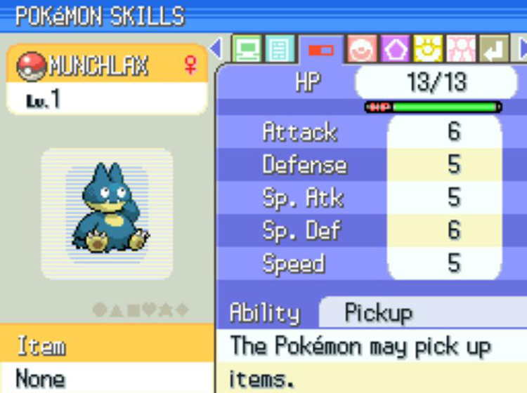 A Munchlax with the Pickup Ability. / Pokémon Platinum