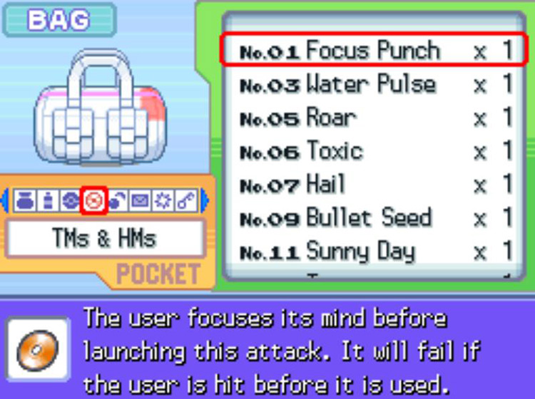 In-game description of TM01 Focus Punch. / Pokémon Platinum