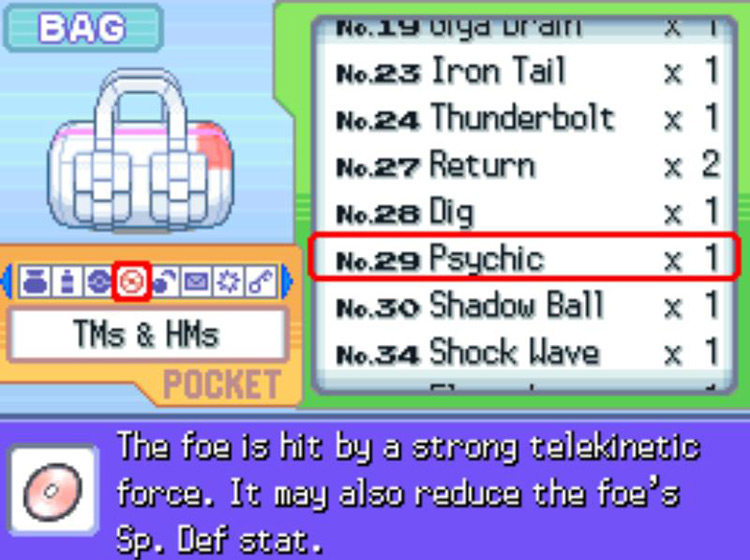 In-game description of TM29 Psychic. / Pokémon Platinum