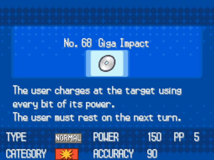 In-game details for TM68 Giga Impact. / Pokémon Black and White