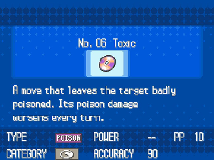 In-game details for TM06 Toxic. / Pokémon Black and White