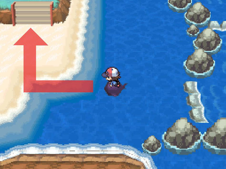 Reach the island and climb up the stairs. / Pokémon Black and White