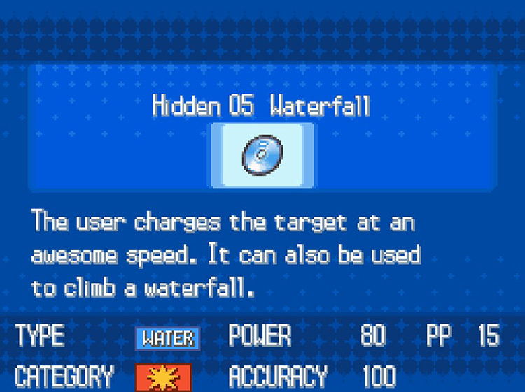 In-game details for HM05 Waterfall. / Pokémon Black and White