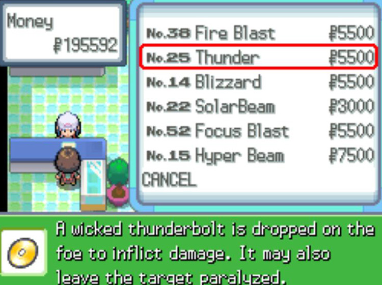 TM25 Thunder’s listing in the Department Store / Pokémon Platinum