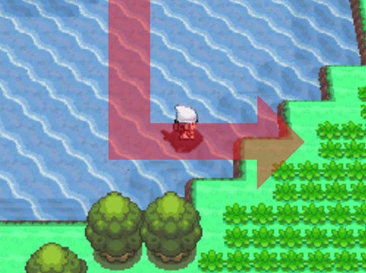 Surfing to the southeastern corner of the lakefront / Pokémon Platinum