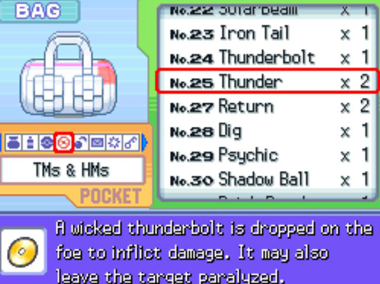 In-game description of TM25 Thunder / Pokémon Platinum