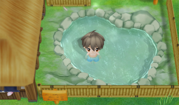 The farmer takes a dip in the Hot Spring. / Story of Seasons: Friends of Mineral Town