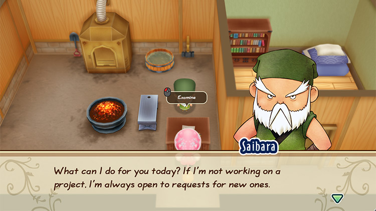 The farmer talks to Saibara at the Forge. / Story of Seasons: Friends of Mineral Town