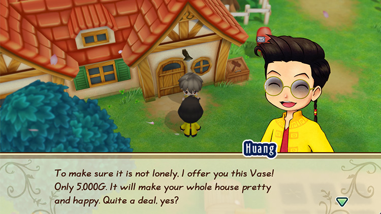Huang offers the Flower Vase to the farmer. / Story of Seasons: Friends of Mineral Town