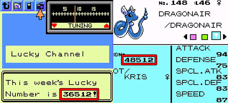 Left: Lucky Number on the Lucky Channel radio channel. Right: Original Trainer ID on a Dragonair. / Pokémon Crystal